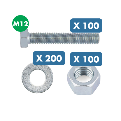 Slika 100 x pocinkan vijak s 6-kotno glavo (M12 x 40) + 200 x podložka M12 + 100 x 6 kotna matica M12