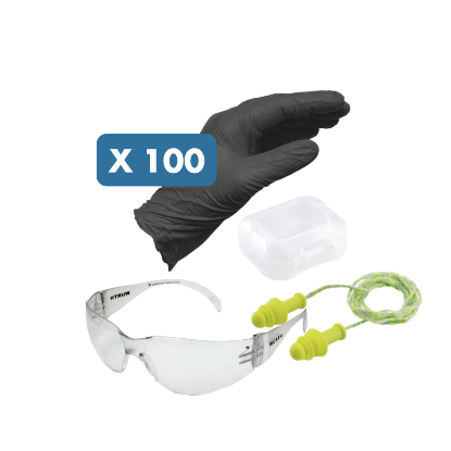 Slika 100 x črne nitril rokavice za enkratno uporabo, 1x zaščitna očala Standard transparent, 1x čepki za večkratno uporabo na vrvici