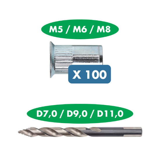 Slika 100 x M5 + M6 + M8 ALU vtisna matica z vgreznjeno glavo in SmartStep svedri za pripravo izvrtine