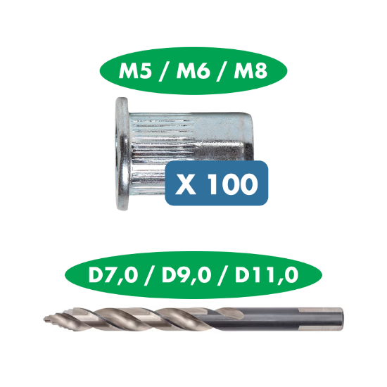 Slika 100 x M5 + M6 + M8 ALU vtisna matica z ravno glavo in SmartStep svedri za pripravo izvrtine