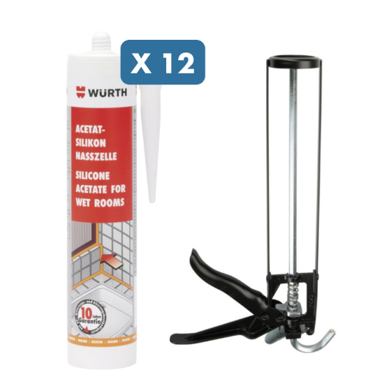 Slika 12 x silikon Acetat Sanitar (bel) + ročna pištola za kartuše "Basic"