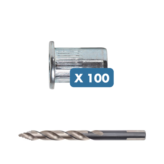 Slika 100 x M5 + M6 + M8 pocinkana/ALU vtisna matica z ravno glavo/vgreznjeno glavo in SmartStep svedri za pripravo izvrtine