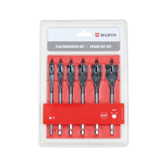 Slika 6-delni set ploščatih svedrov za les 10, 12, 16, 18, 20 in 25 mm, dolžine 150 mm